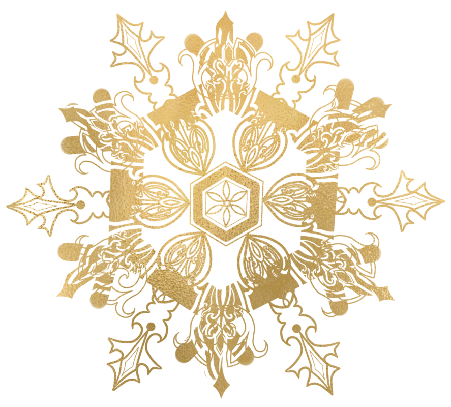 golden snowflake ornate mandala design with holly leaves and intricate filigree details, Grey Barn Handwerk, Saskatchewan.